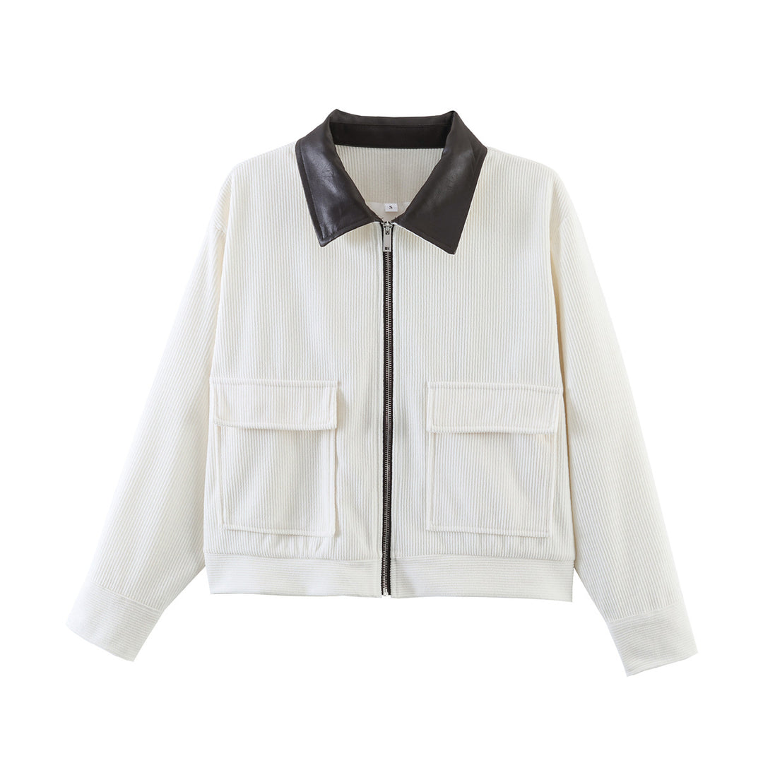 Damen Cordjacke mit Reißverschluss, Kunstlederkragen und aufgesetzten Taschen Drune