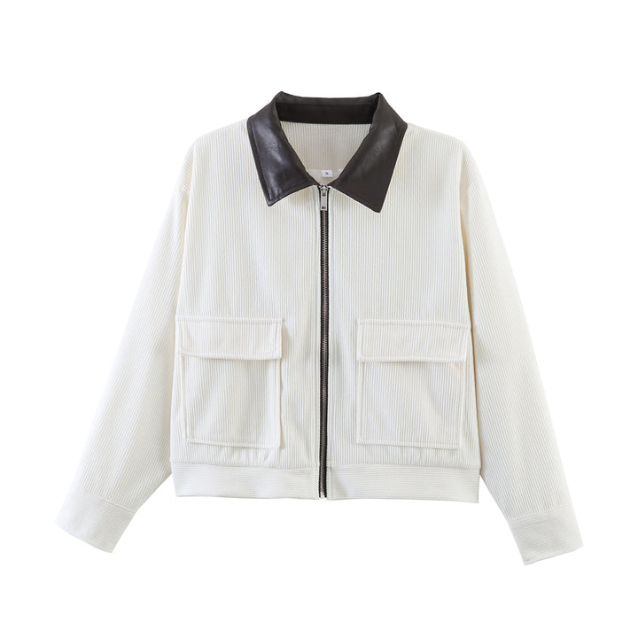 Damen Cordjacke mit Reißverschluss, Kunstlederkragen und aufgesetzten Taschen Drune