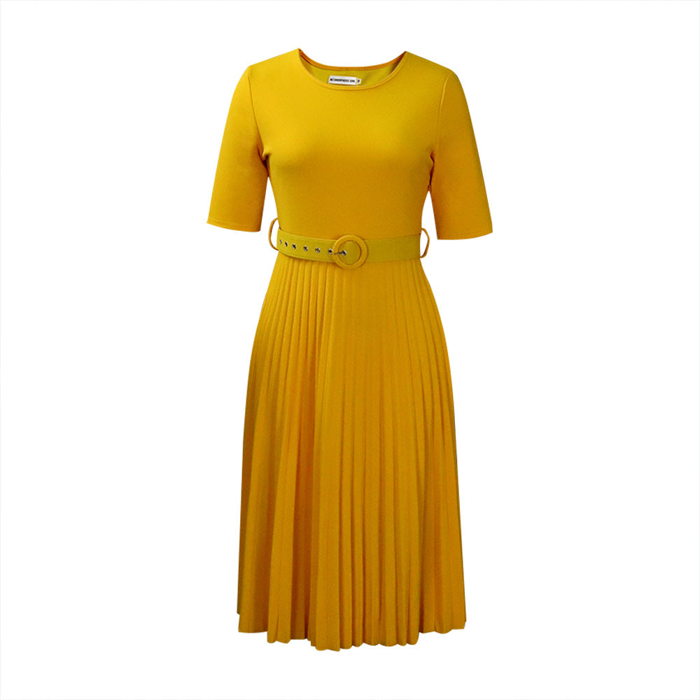 Damen Plissiertes Kleid mit Taillengürtel und kurzen Ärmeln Drune