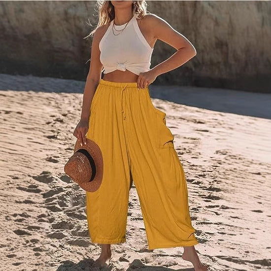 Damen Weit geschnittene Sommerhose mit elastischem Bund und praktischen Seitentaschen Drune