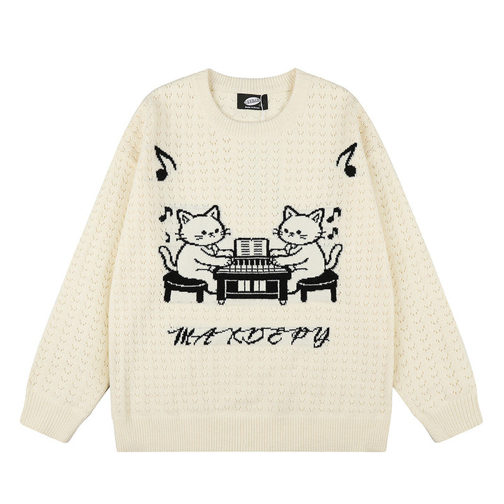 Damen Oversize Strickpullover mit Jacquard-Katzenmotiv und musikalischem Design Drune