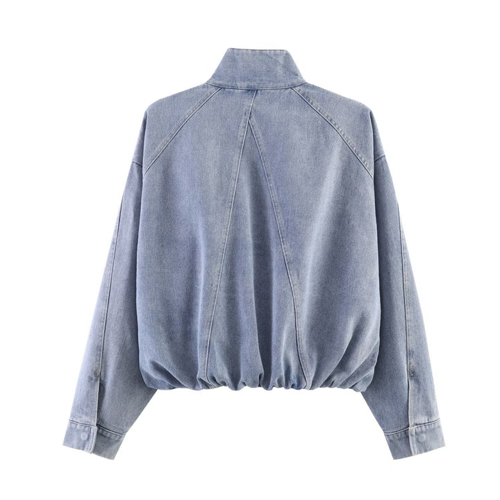 Damen Oversized Jeans-Bomberjacke mit Stehkragen und Tunnelzug Drune