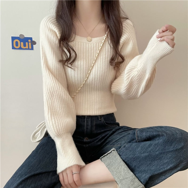 Damen legerer Rippstrickpullover mit weiten Ärmeln Drune