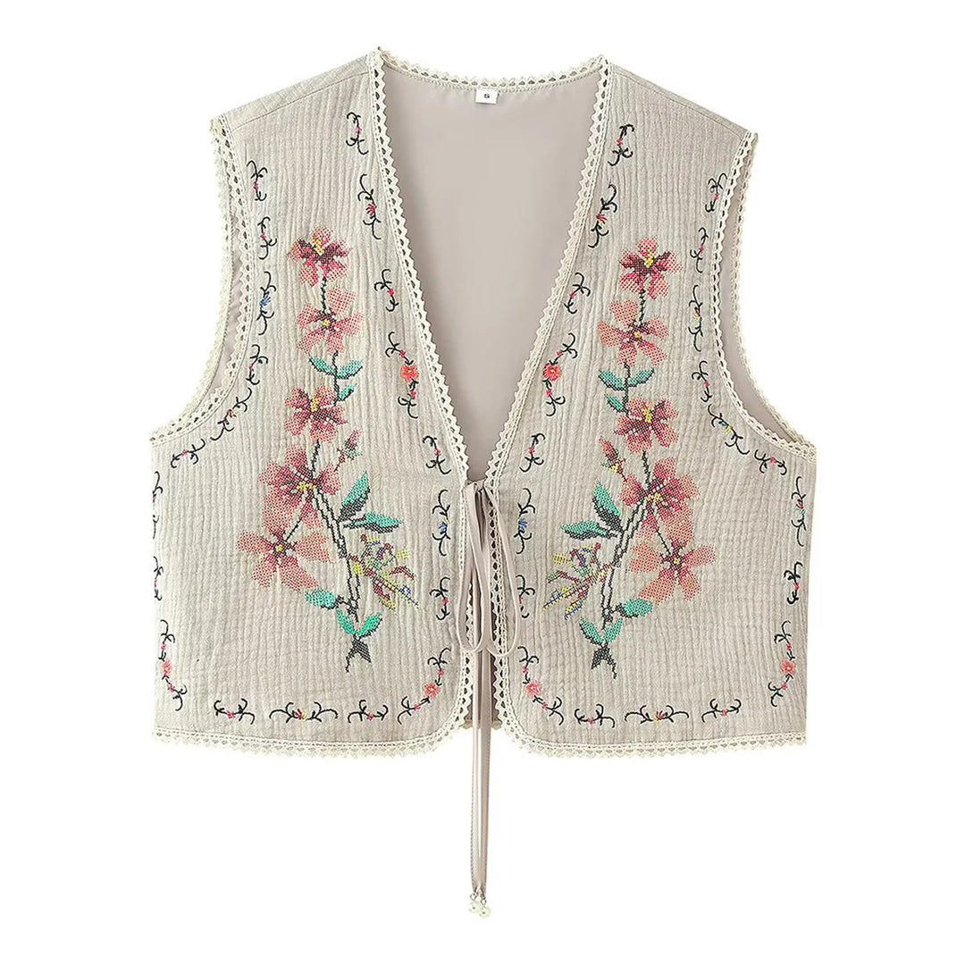 Damen nan bestickte Boho-Weste mit V-Ausschnitt, Front-Schnürung und zarter Spitzenborte Drune
