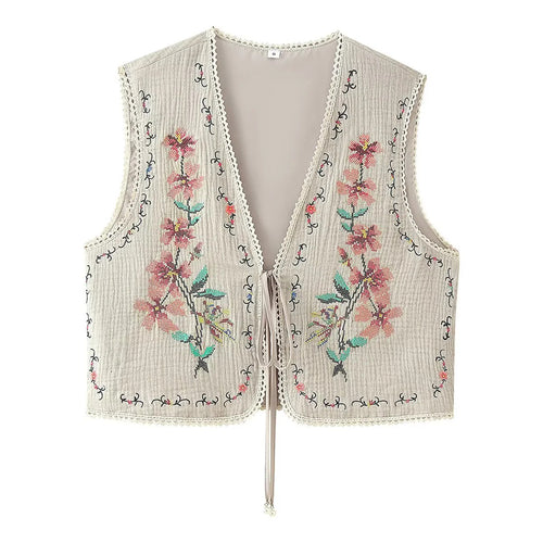 Damen nan bestickte Boho-Weste mit V-Ausschnitt, Front-Schnürung und zarter Spitzenborte Drune