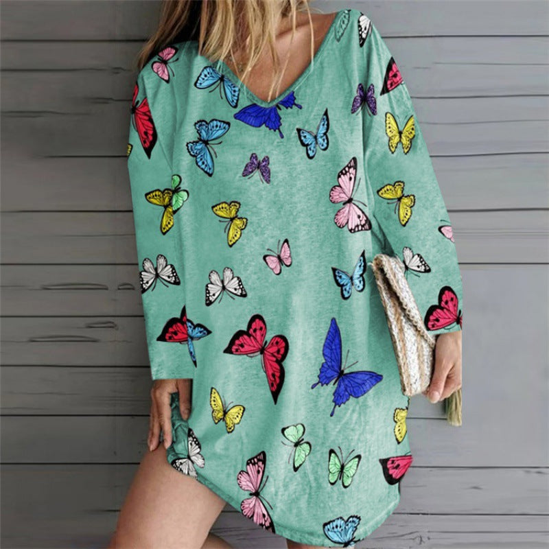 Damen Oversize Tunika-Kleid mit V-Ausschnitt und Schmetterlingsprint Drune