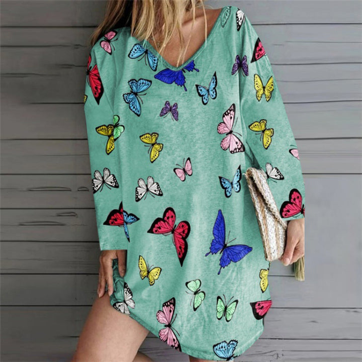 Damen Oversize Tunika-Kleid mit V-Ausschnitt und Schmetterlingsprint Drune
