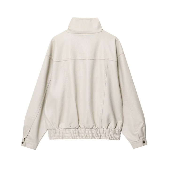 Damen lässige Kunstlederjacke mit hohem Kragen und Weitenregulierung Drune