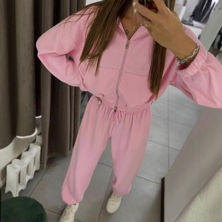 Damen kurzes Reißverschluss-Hoodie mit elastischem Bund und High-Waist Jogginghose aus Baumwollmix Drune
