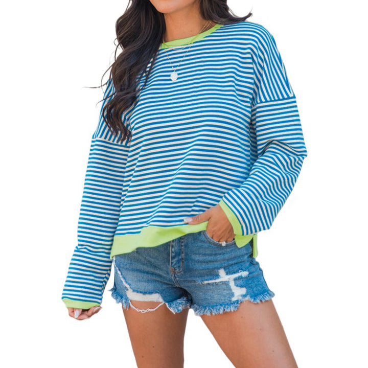 Damen Lässig-gestreiftes Langarmshirt mit kontrastfarbenem Saum & weiter Passform Drune