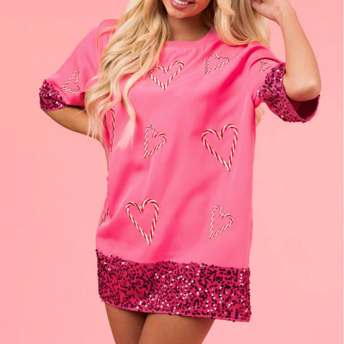Damen Oversized T-Shirt mit Glitzer-Ärmeln und Herz-Muster Drune