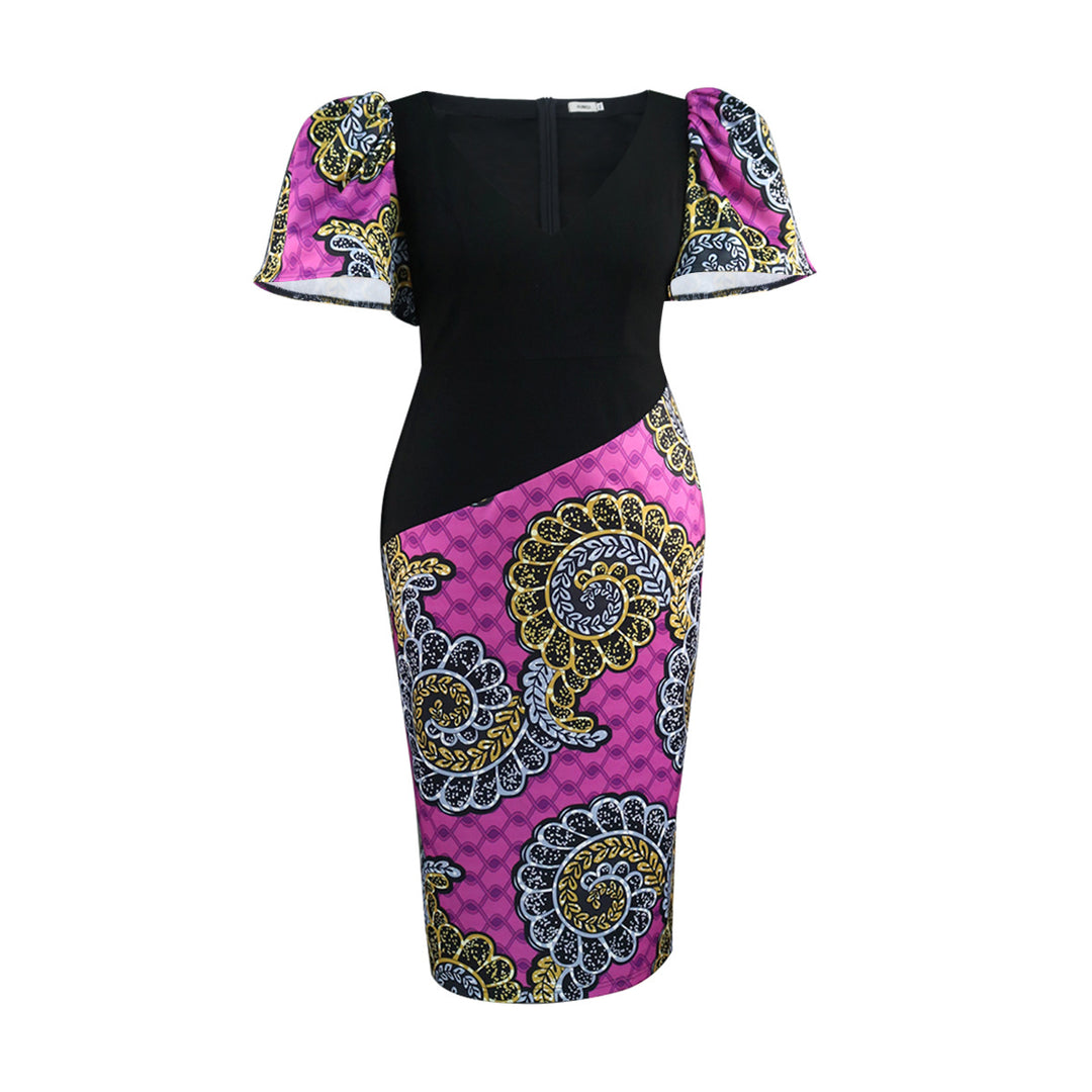 Damen figurbetontes Kleid mit bunten Puffärmeln und asymmetrischem Design Drune