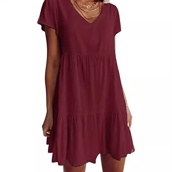 Damen lässiges und leichtes Sommerkleid mit V-Ausschnitt und voluminösem Rock Drune