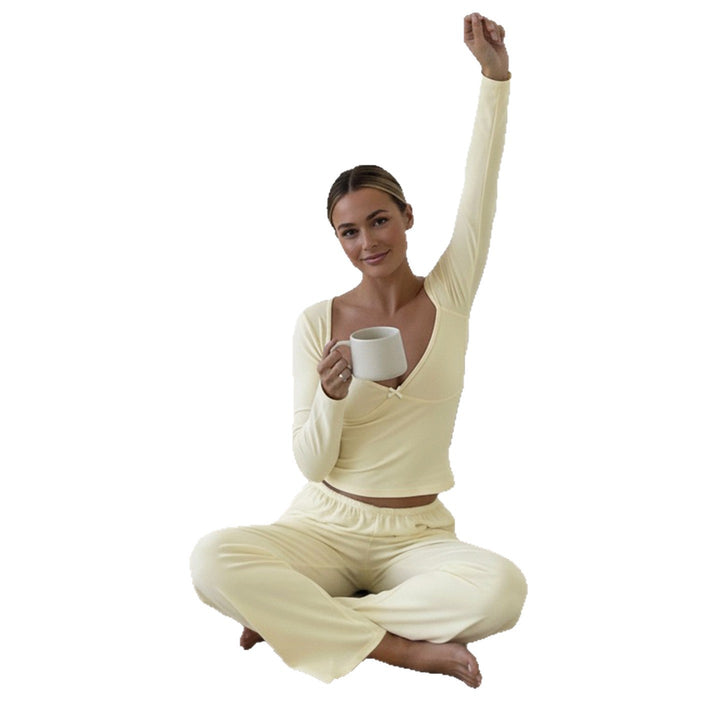 Damen Zweiteiliges Lounge-Set aus weichem Jersey mit Cropped V-Ausschnitt Oberteil und hochtaillierter Palazzohose Drune