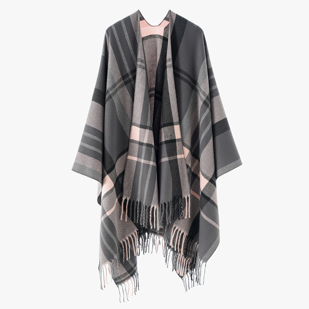 Damen Oversize Poncho-Cape mit Karomuster und Fransen Drune