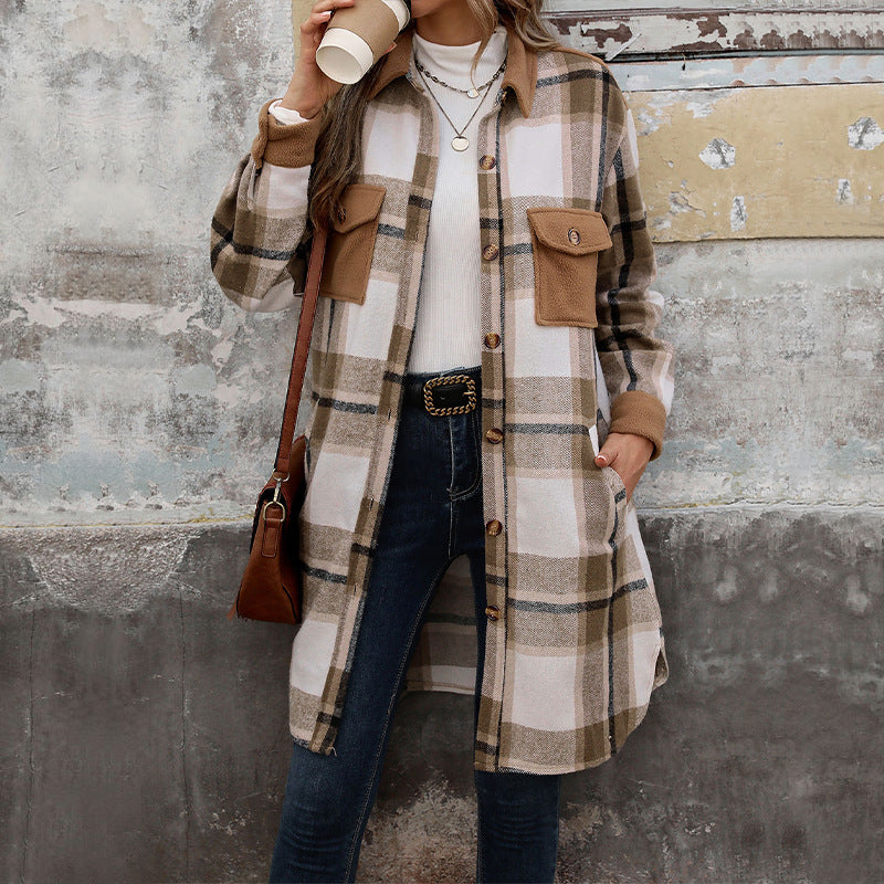 Damen Lange Überwurfjacke im karierten Flanell‑Look mit aufgesetzten Pattentaschen Drune