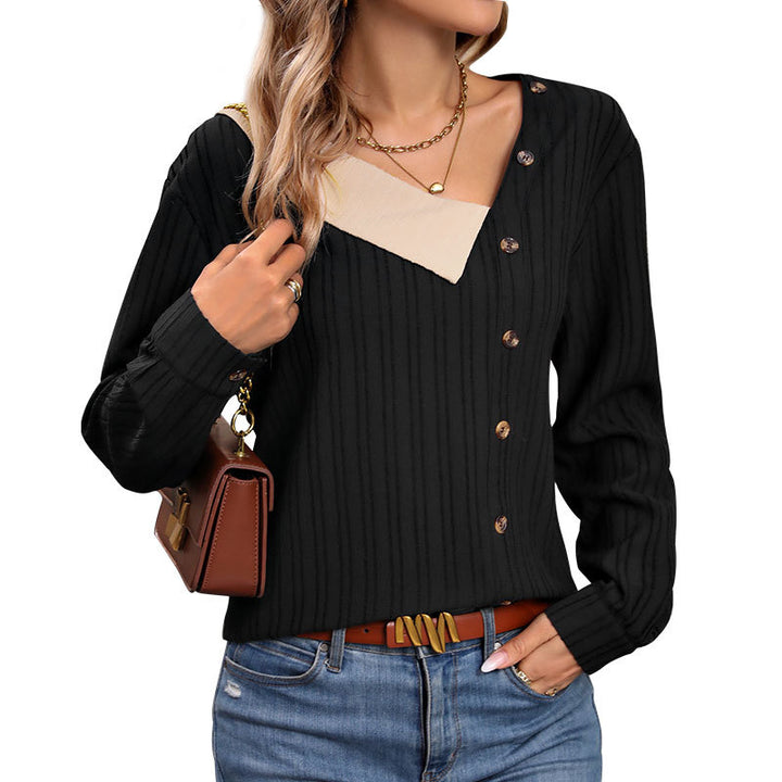 Damen Rippstrick-Top mit asymmetrischer Knopfleiste und kontrastierendem V‑Einsatz Drune