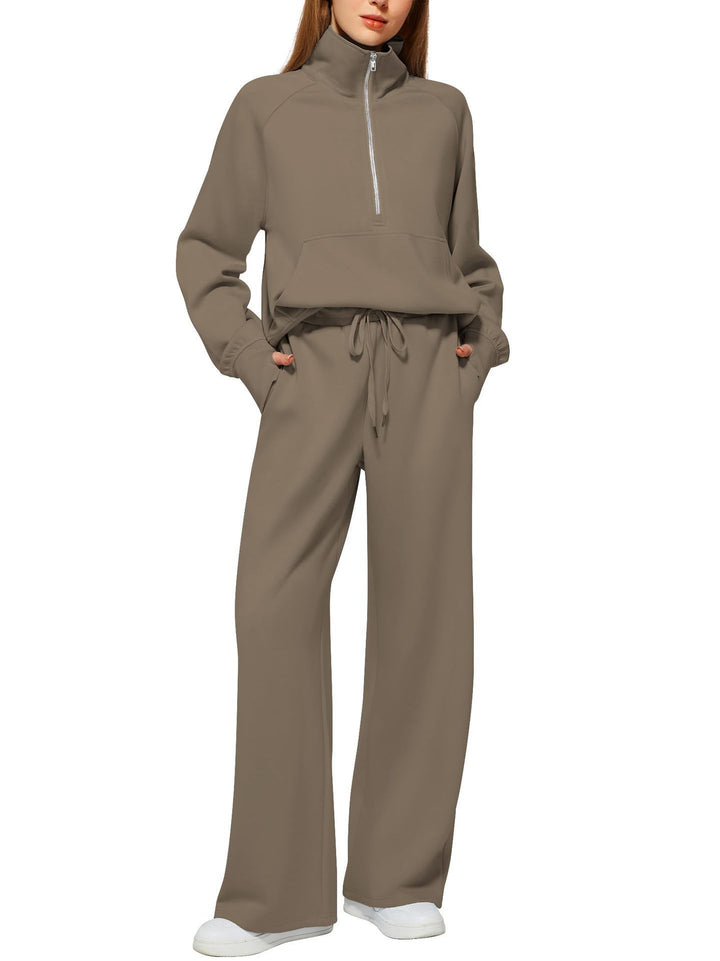 Damen nan halbzip Lounge-Set mit hohem Stehkragen, Kängurutasche und weiten Highwaist-Jogginghose Drune