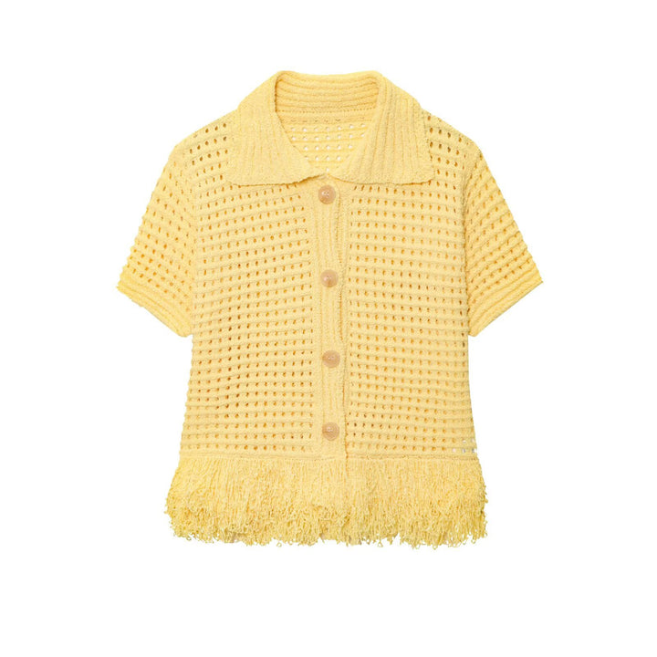 Damen Kurzarm-Strickjacke mit fransigem Saum und dekorativen Knöpfen Drune
