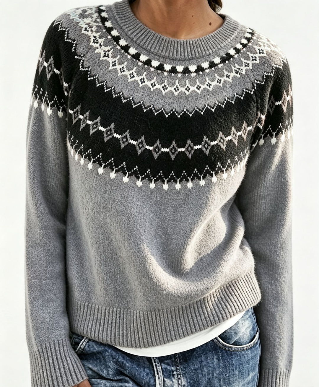 Damen Rundhalsausschnitt Norweger-Pullover mit Fair-Isle-Jacquard Drune