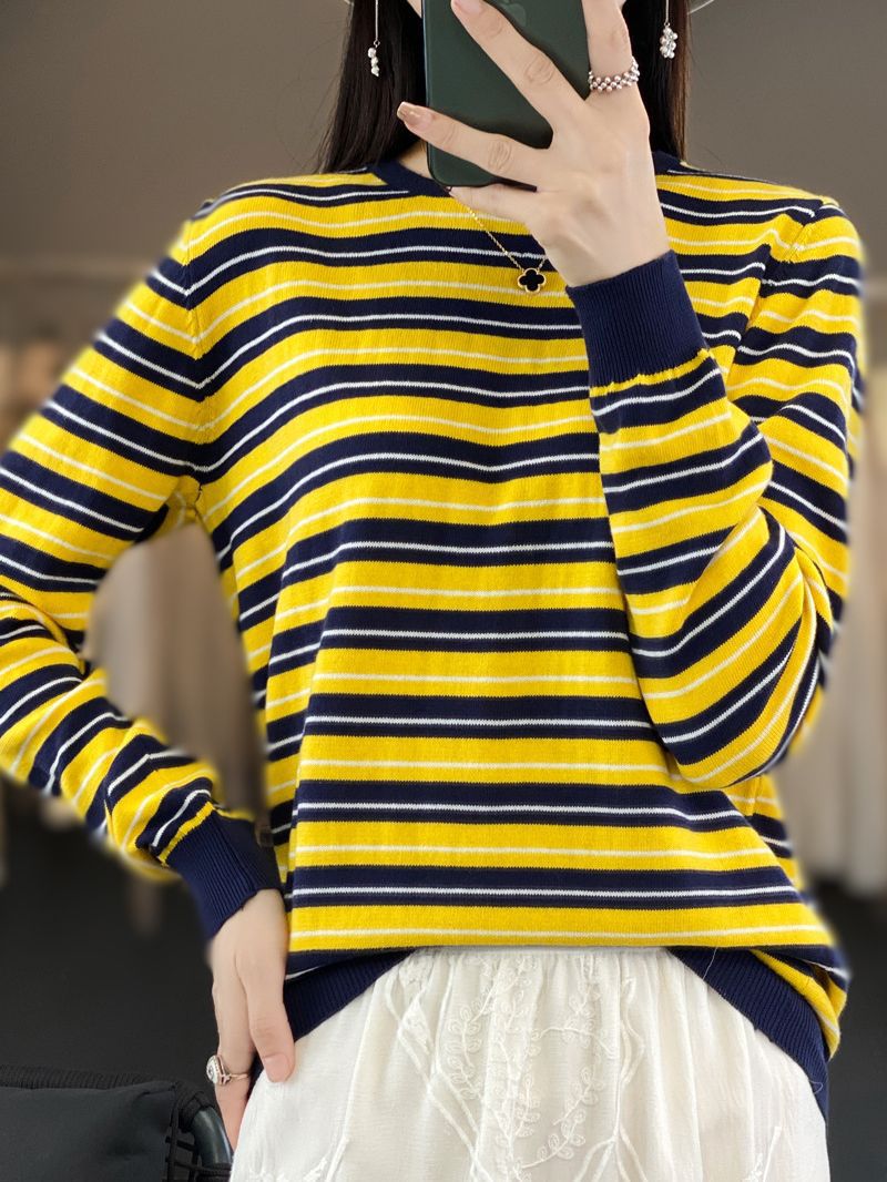 Damen Lässiger Ringel-Feinstrickpullover mit Boxy‑Silhouette und kontrastierenden Rippbündchen Drune