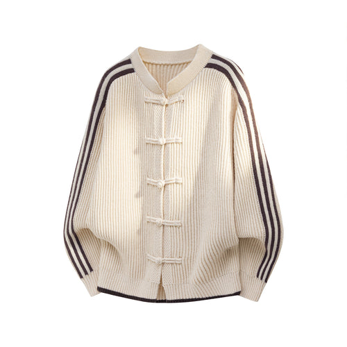 Damen Oversize Strickjacke mit Knebelverschlüssen und Kontraststreifen Drune