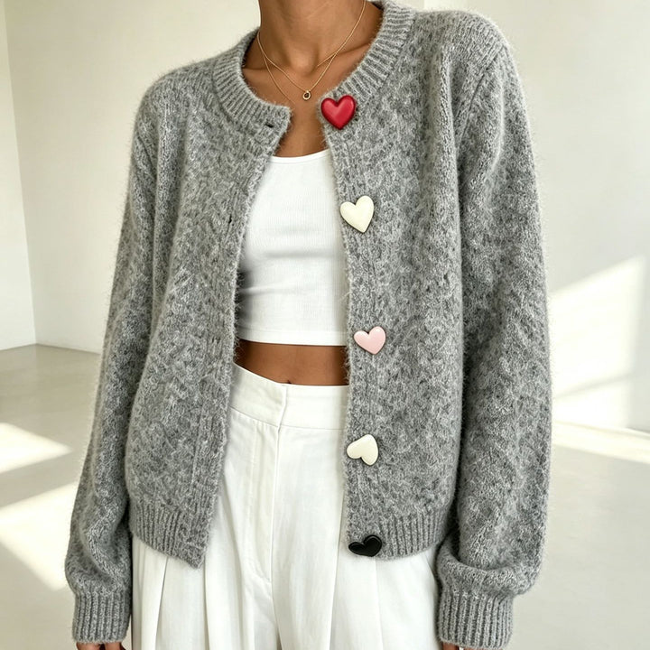 Damen Flauschiger Kurzcardigan mit Herz‑Knopfleiste und Raglanärmeln Drune