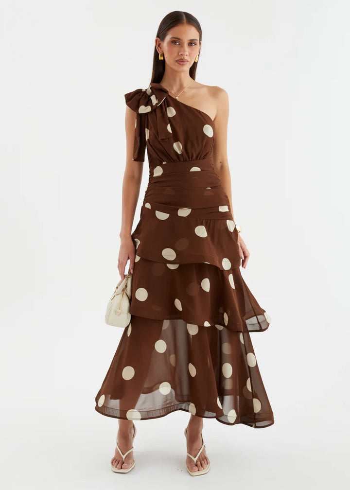 Damen Maxikleid mit asymmetrischem Schulterdesign und voluminösem Rock Drune