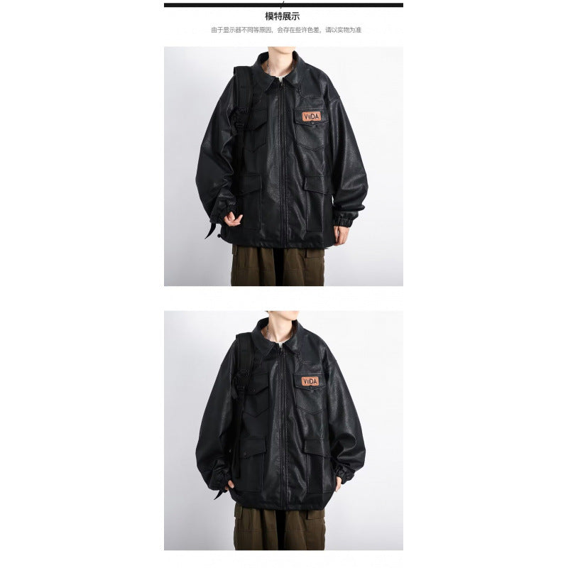 Unisex Oversized Utility Lederimitat Jacke mit Mehreren Klappentaschen Drune