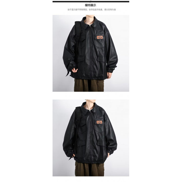 Unisex Oversized Utility Lederimitat Jacke mit Mehreren Klappentaschen Drune