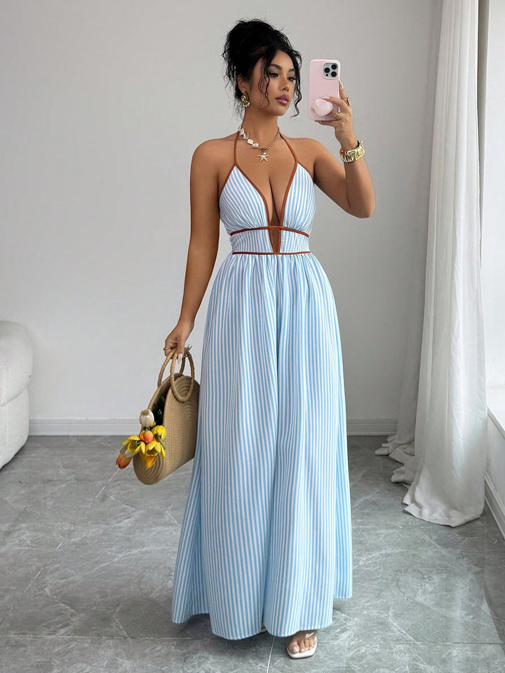 Damen Gestreiftes Neckholder-Maxikleid mit tiefem V-Ausschnitt und Taillen-Cut-Out Drune