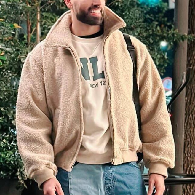 Herren Teddy-Fleece-Blouson mit Reißverschluss, Stehkragen und Rippbündchen Drune