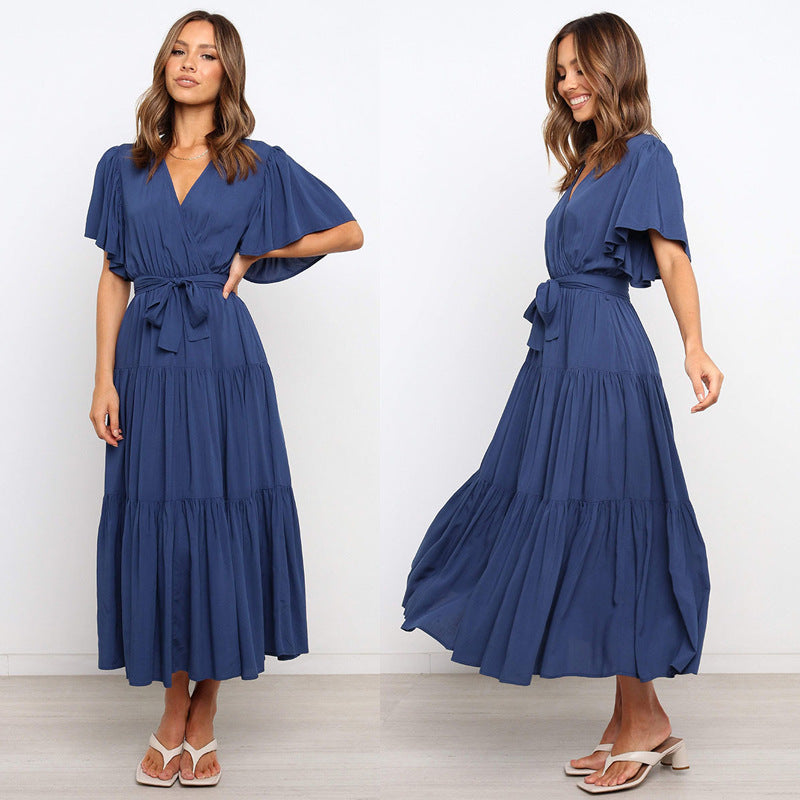 Damen Maxikleid mit tiefem V-Ausschnitt und schwingenden Ärmeln Drune