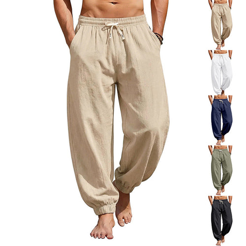 Herren Weite Leinenoptik-Strandhose mit Kordelzug, elastischem Bund und gerafften Beinabschlüssen Drune