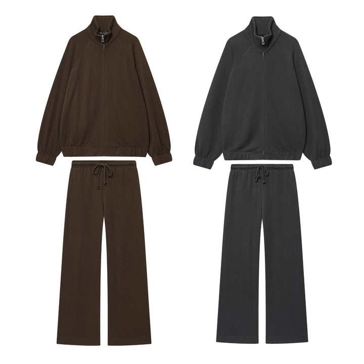 Damen nan loungiges Sweatsuit-Zweiteiler mit Reißverschluss-Stehkragen, elastischem Saum und weitem Highwaist-Hosenbein Drune