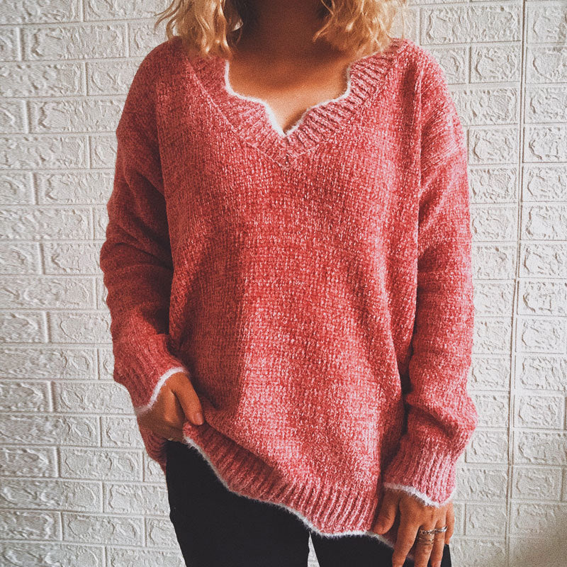 Damen lässiger Strickpullover mit weitem V-Ausschnitt und asymmetrischem Saum Drune