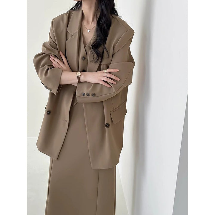 Damen Oversize-Sakko mit kastiger Weste und knöchellangem Midirock Drune