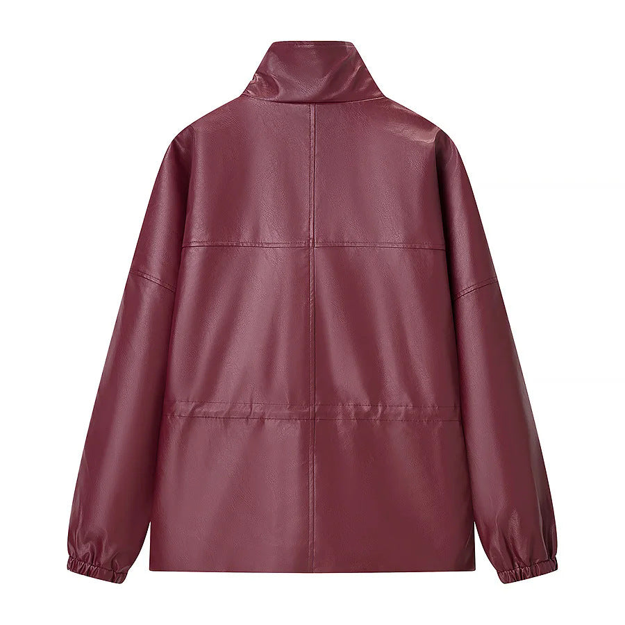 Damen nan lässige Kunstleder-Utilityjacke mit Stehkragen, aufgesetzten Pattentaschen und elastischen Bündchen Drune