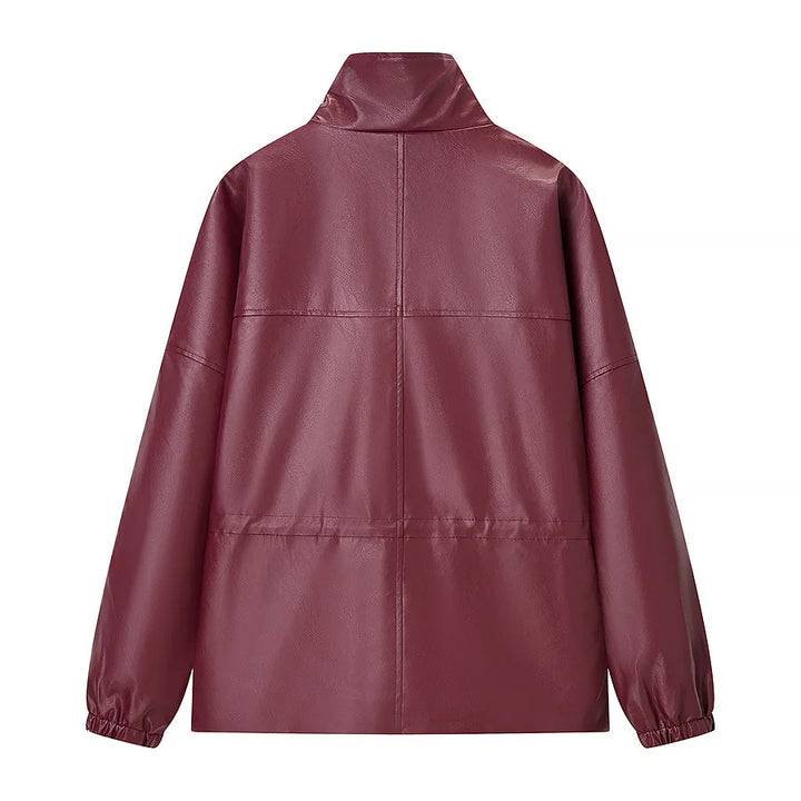 Damen nan lässige Kunstleder-Utilityjacke mit Stehkragen, aufgesetzten Pattentaschen und elastischen Bündchen Drune