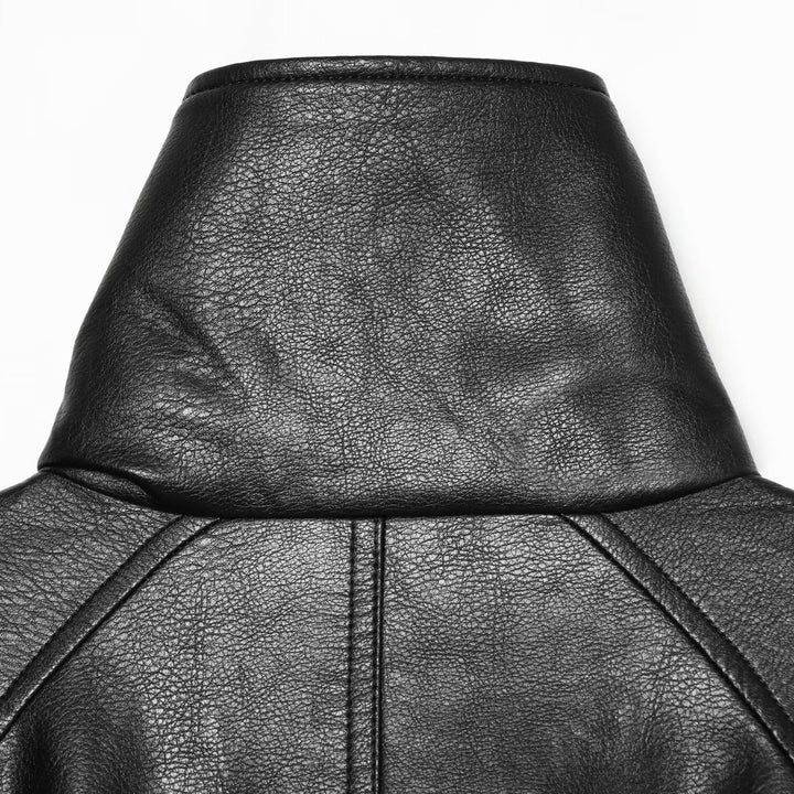Damen Kurze Lederimitat-Jacke mit hohem Stehkragen, Doppelreihe und Kordelzugbund Drune