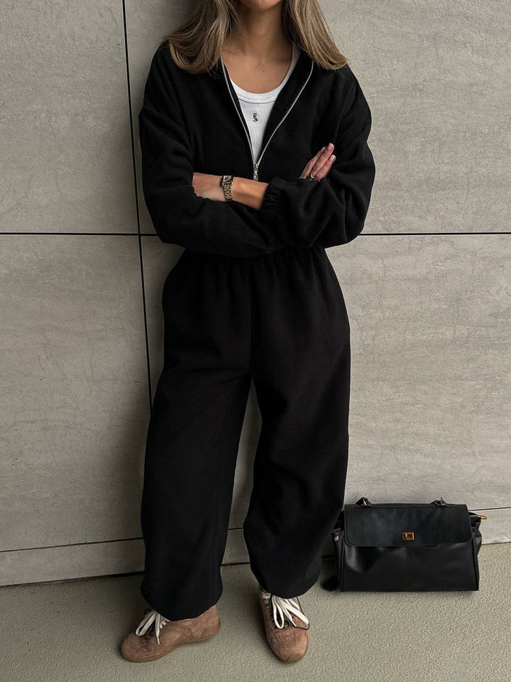 Damen Lässiger Fleece-Hausanzug mit Zip-Kapuze und elastischem Taillenbund Drune