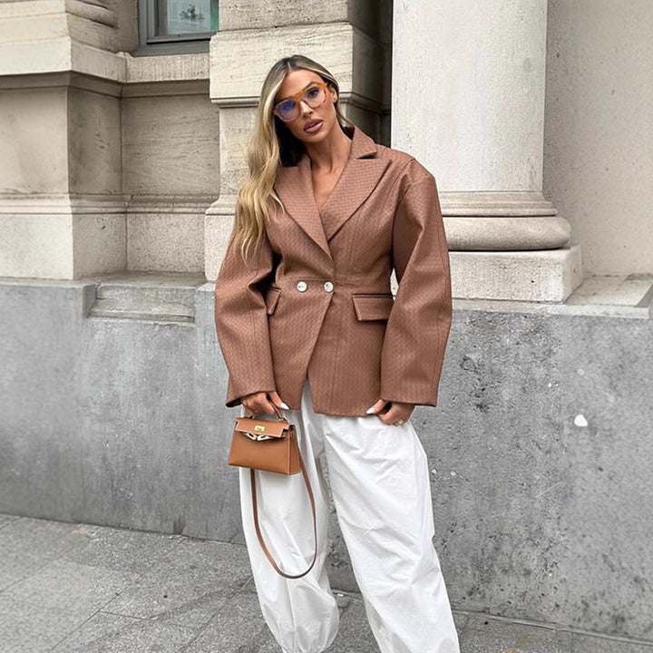 Damen Boxy-Blazer mit taillierter Drapierung und strukturierter Lederimitat-Optik Drune