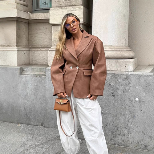 Damen Boxy-Blazer mit taillierter Drapierung und strukturierter Lederimitat-Optik Drune