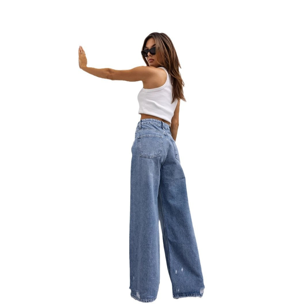 Damen weite High-Waist Jeans mit Distressed-Details Drune