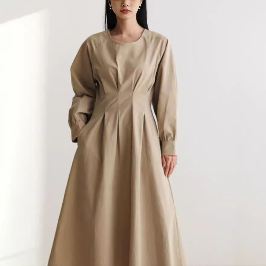 Damen Maxikleid mit Taillenabnähern, Rundhalsausschnitt und voluminösen Manschetten Drune