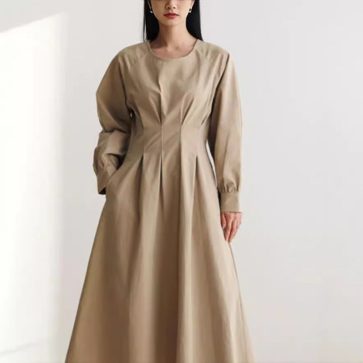Damen Maxikleid mit Taillenabnähern, Rundhalsausschnitt und voluminösen Manschetten Drune