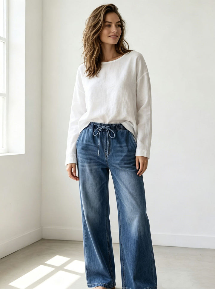 Damen nan Relaxed-Fit Denim-Hose mit elastischem Tunnelzugbund, dezentem Used-Effekt und weitem Bein Drune