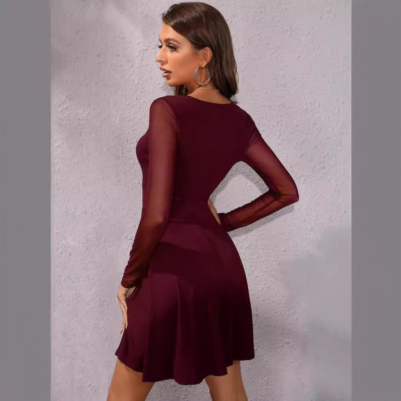 Damen Elegantes V-Ausschnitt Mini Kleid mit Transparenten Langen Ärmeln Drune
