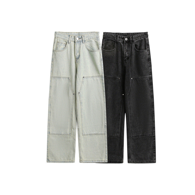 Damen Weite Utility-Denimhose mit Knie‑Patch, hohem Bund und geradem Bein Drune