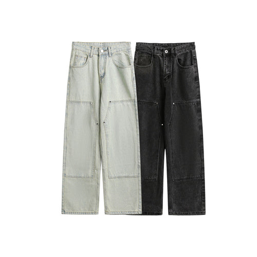 Damen Weite Utility-Denimhose mit Knie‑Patch, hohem Bund und geradem Bein Drune